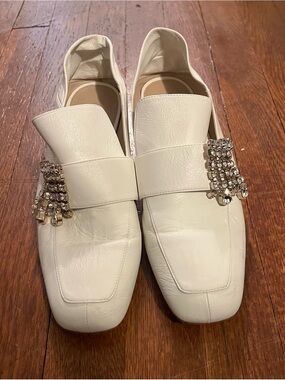 Stuart Weitzman White Leather Embellished Loafers